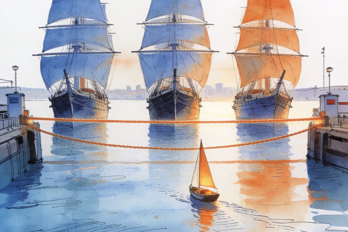 Ink and watercolor illustration: three tall ships held behind a taut cord across a harbor mouth while one small sailboat passes freely